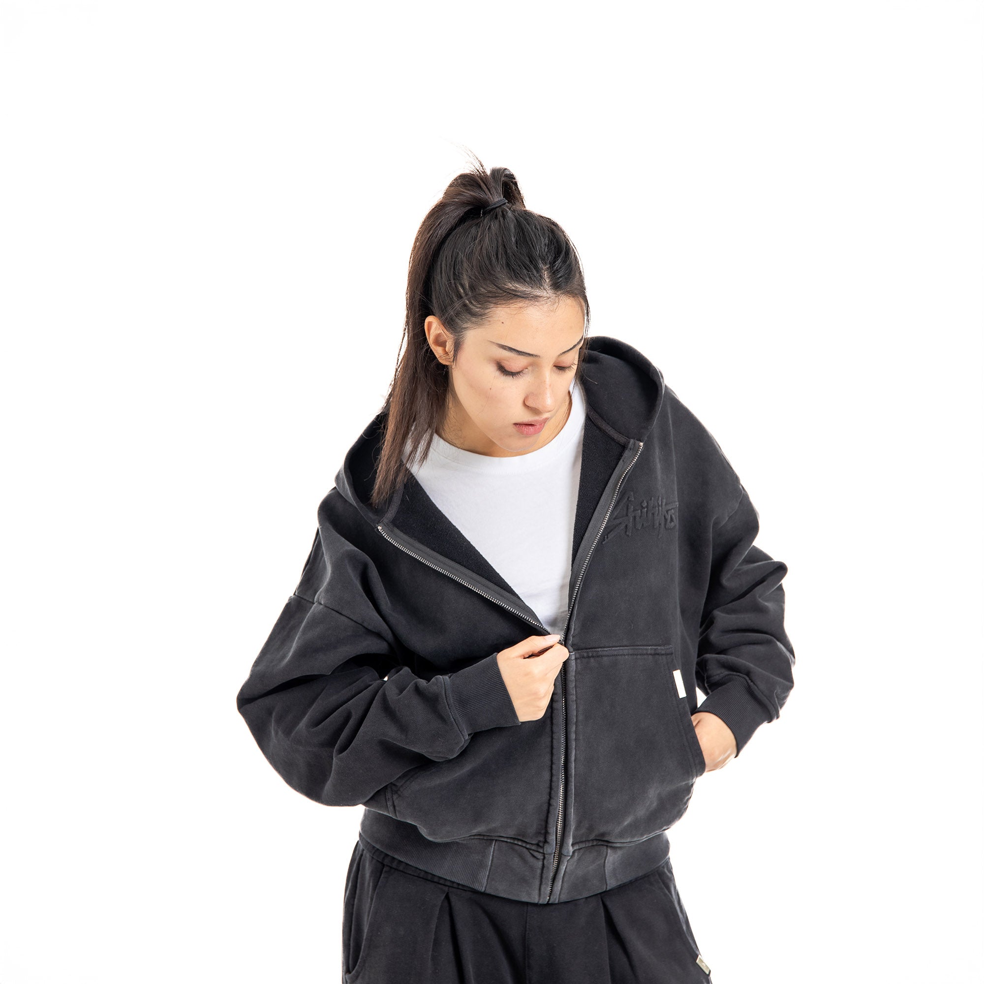 Shihiko Oversized Cropped Full-Zip Hoodie (Black)